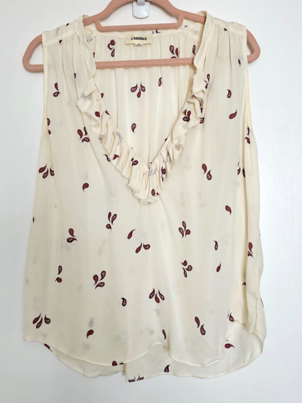L’Agence 100% Silk Frayed Ruffle Sleeveless Blouse Top M Cream Ivory Paisley